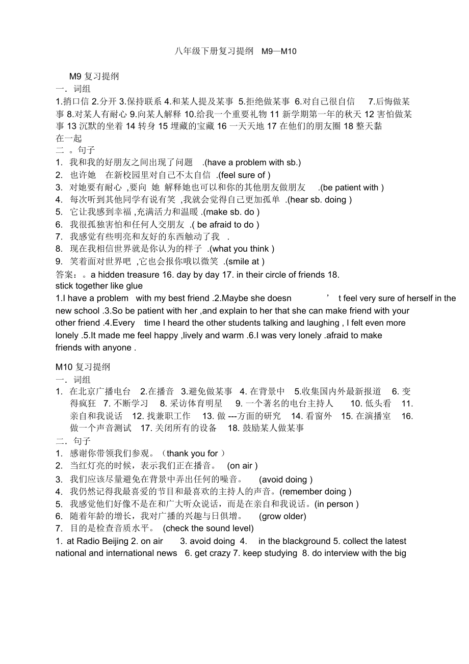 外研版初中英語八年級下冊Module9-M10復(fù)習(xí)提綱(有答案)_第1頁