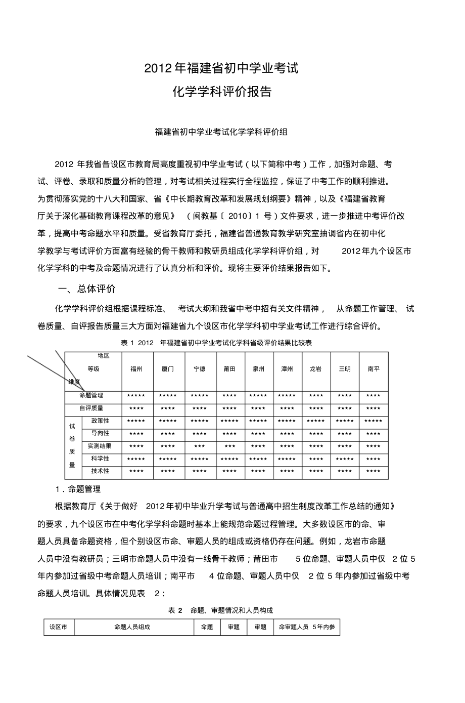 2012年福建省初中學業水平考試化學學科評價_第1頁