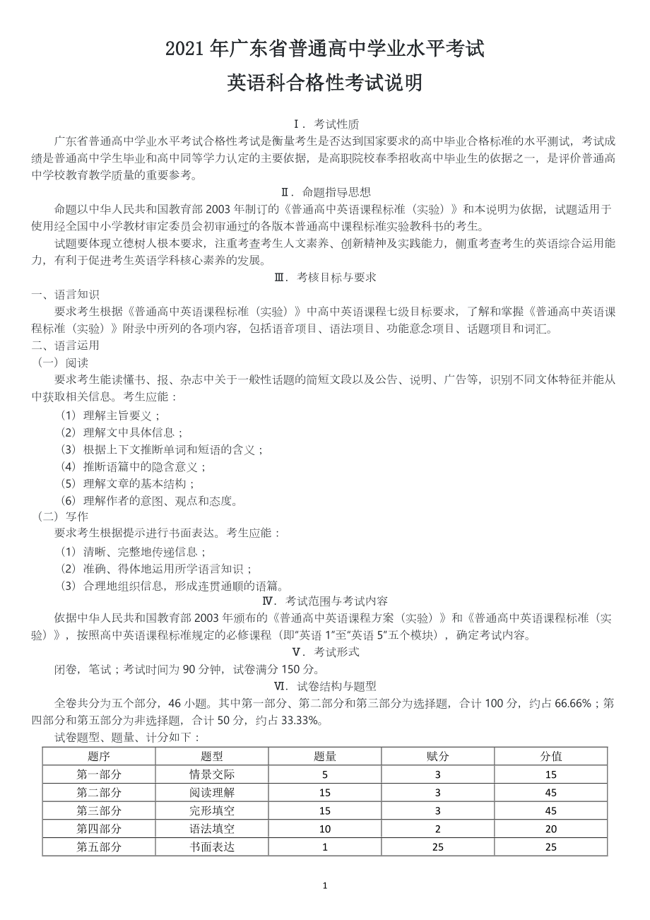 2021年廣東省普通高中學(xué)業(yè)水平考試英語科合格性考試說明_第1頁