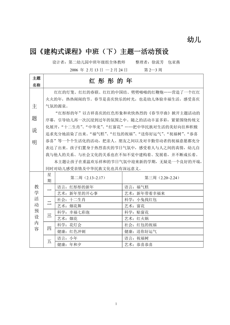 幼儿园建构式课程中班(下)主题一活动预设_第1页