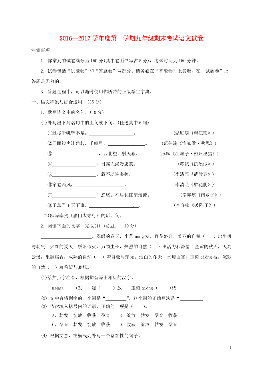 安徽省合肥市瑤海區2017屆九年級語文上學期期末考試試題_第1頁