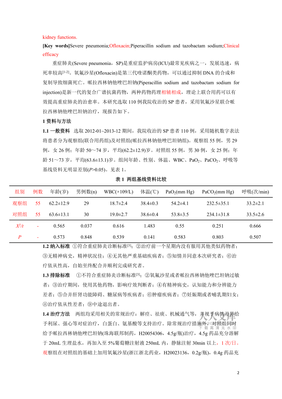 氧氟沙星和哌拉西林鈉他唑巴坦鈉聯合應用在55例重癥肺炎中的療效3 (1)_第2頁