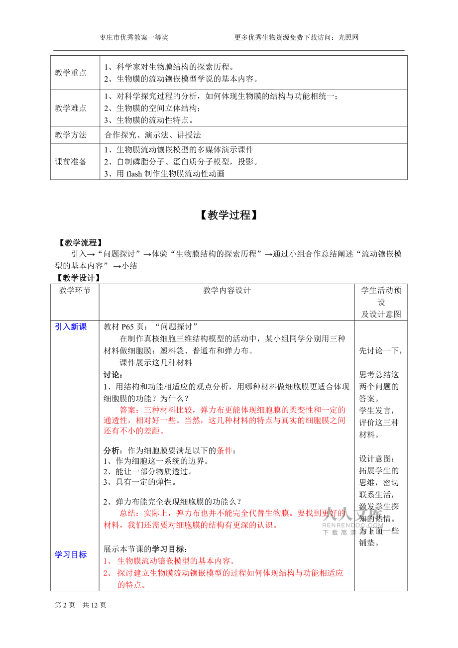 枣庄优秀教案——生物膜的流动镶嵌模型_第2页