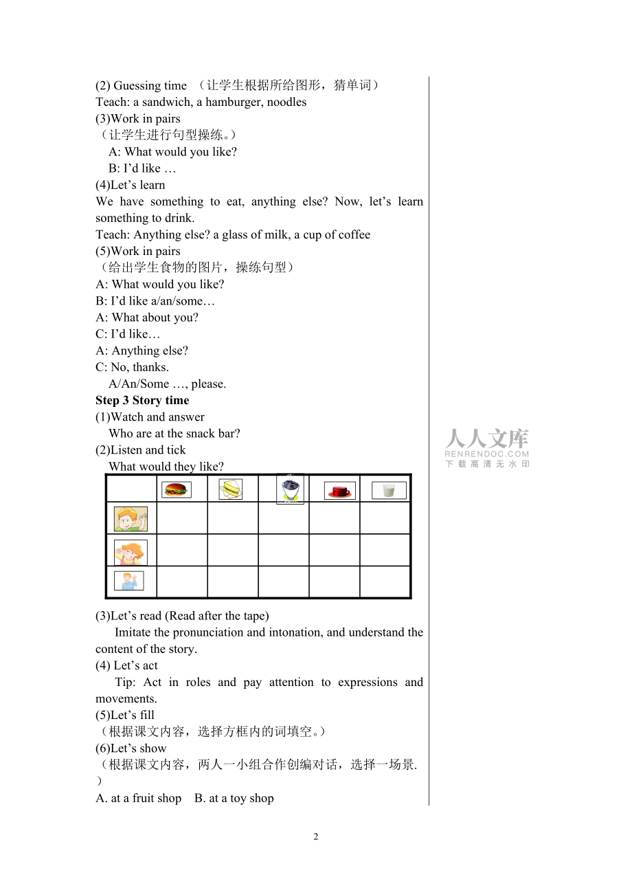 四上Unit6Atthesnackbar教案(瞿笑)_第2页