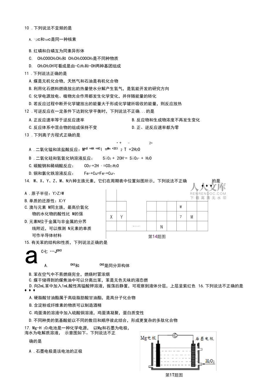 2016年4月浙江省普通高中学业水平考试化学试题及答案_第2页
