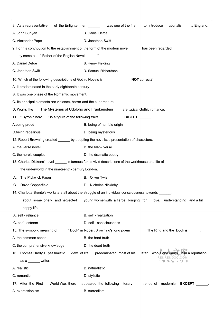 全国2009年4月高等教育自学考试英美文学选读试题_第2页