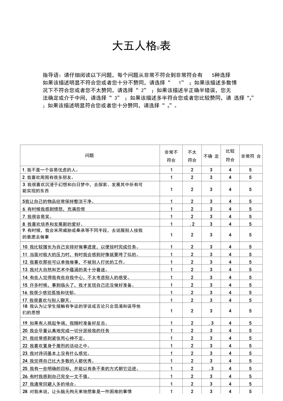大五人格量表及评分标准_第1页