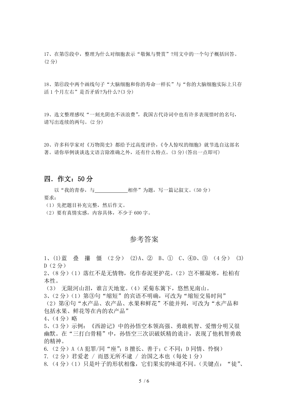 语文中考模拟测试题及答案_第5页