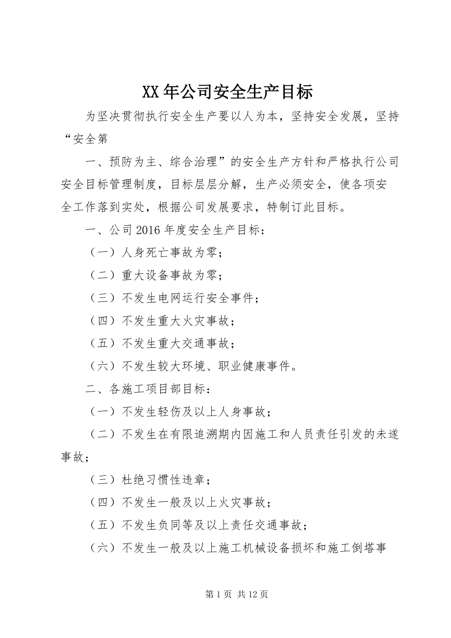 XX年公司安全生产目标_第1页