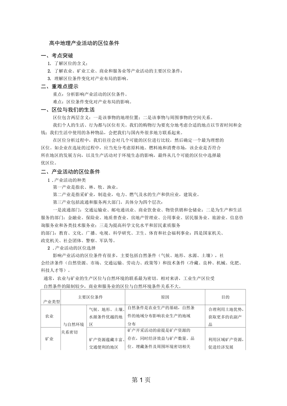 必修2第三章第一節產業活動的區位條件和地域聯系1產業活動的區位條件(講義)_第1頁