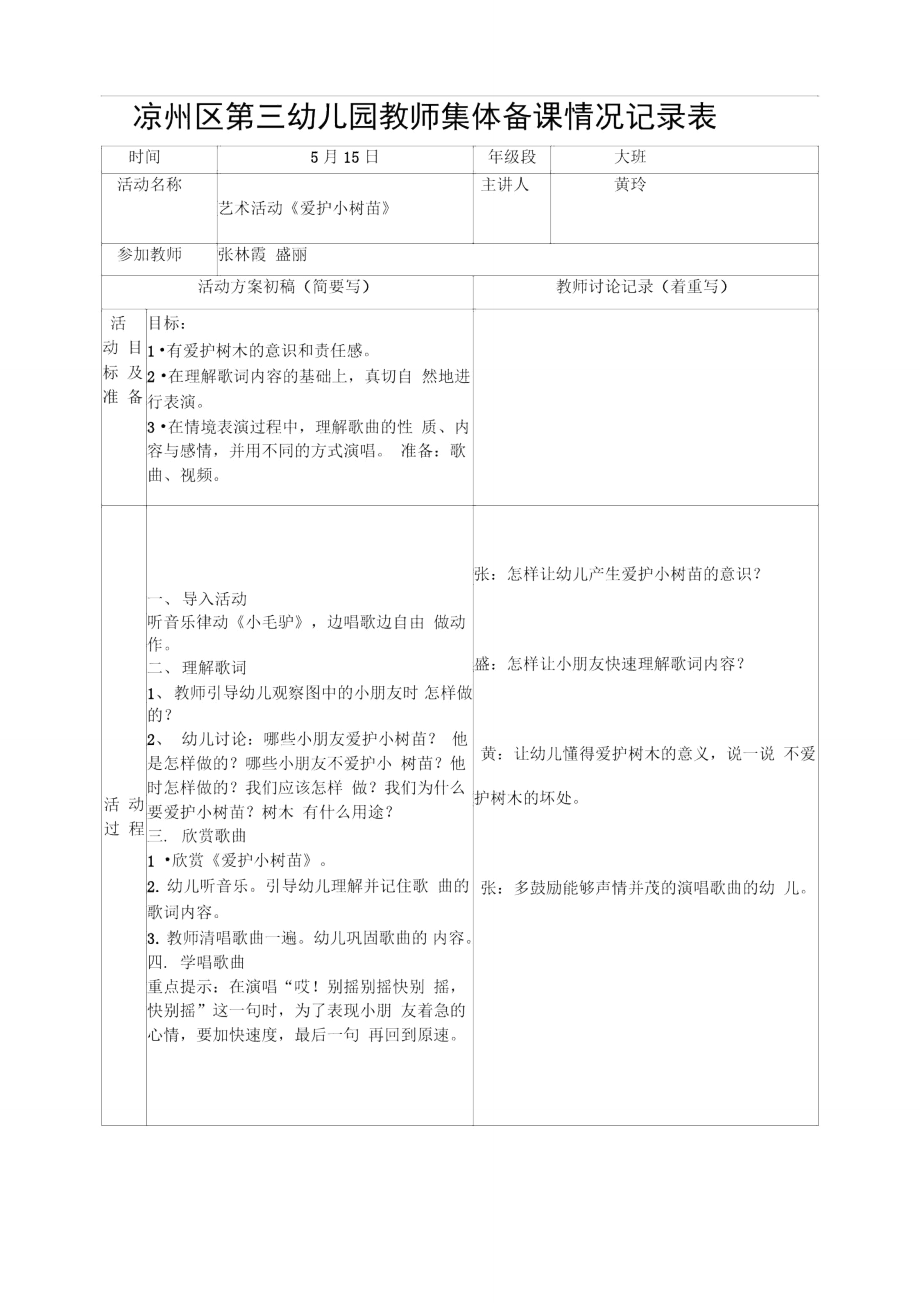 第12周配班教师集体备课情况记录表大班_第1页