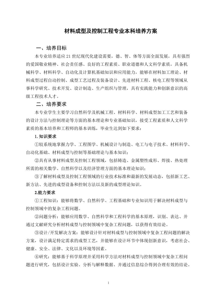 材料成型及控制工程專業本科培養方案_第1頁