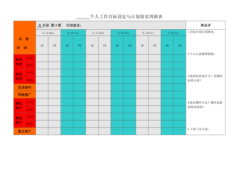 个人工作目标设定与目标完成情况表_第5页