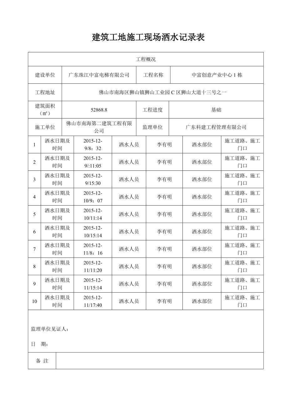 建筑工地施工現(xiàn)場(chǎng)灑水記錄表_第1頁