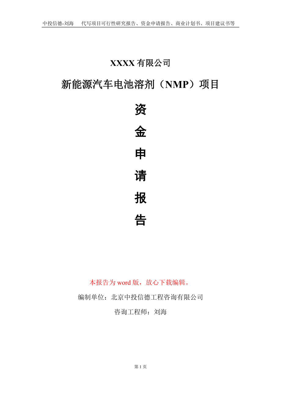 新能源汽車電池溶劑(NMP)項目資金申請報告寫作模板+_第1頁