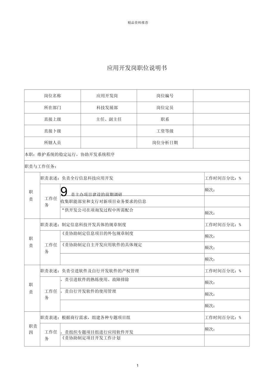某市商业银行科技发展部应用开发岗职位说明书_第1页