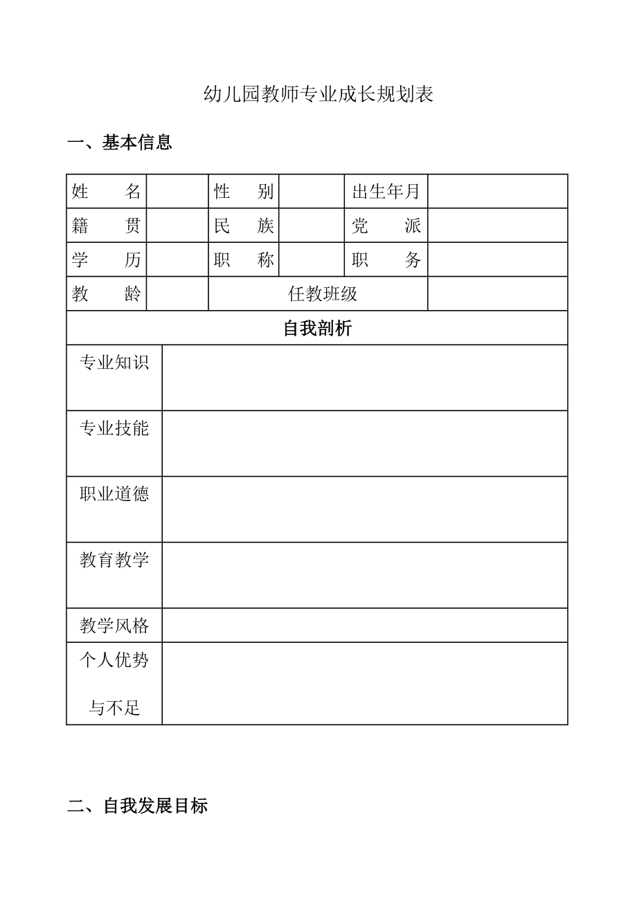 幼儿园教师个人专业发展规划表_第1页