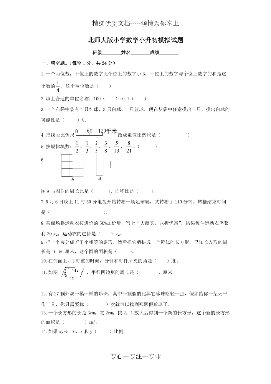 北师大版小学数学小升初模拟试题_第1页