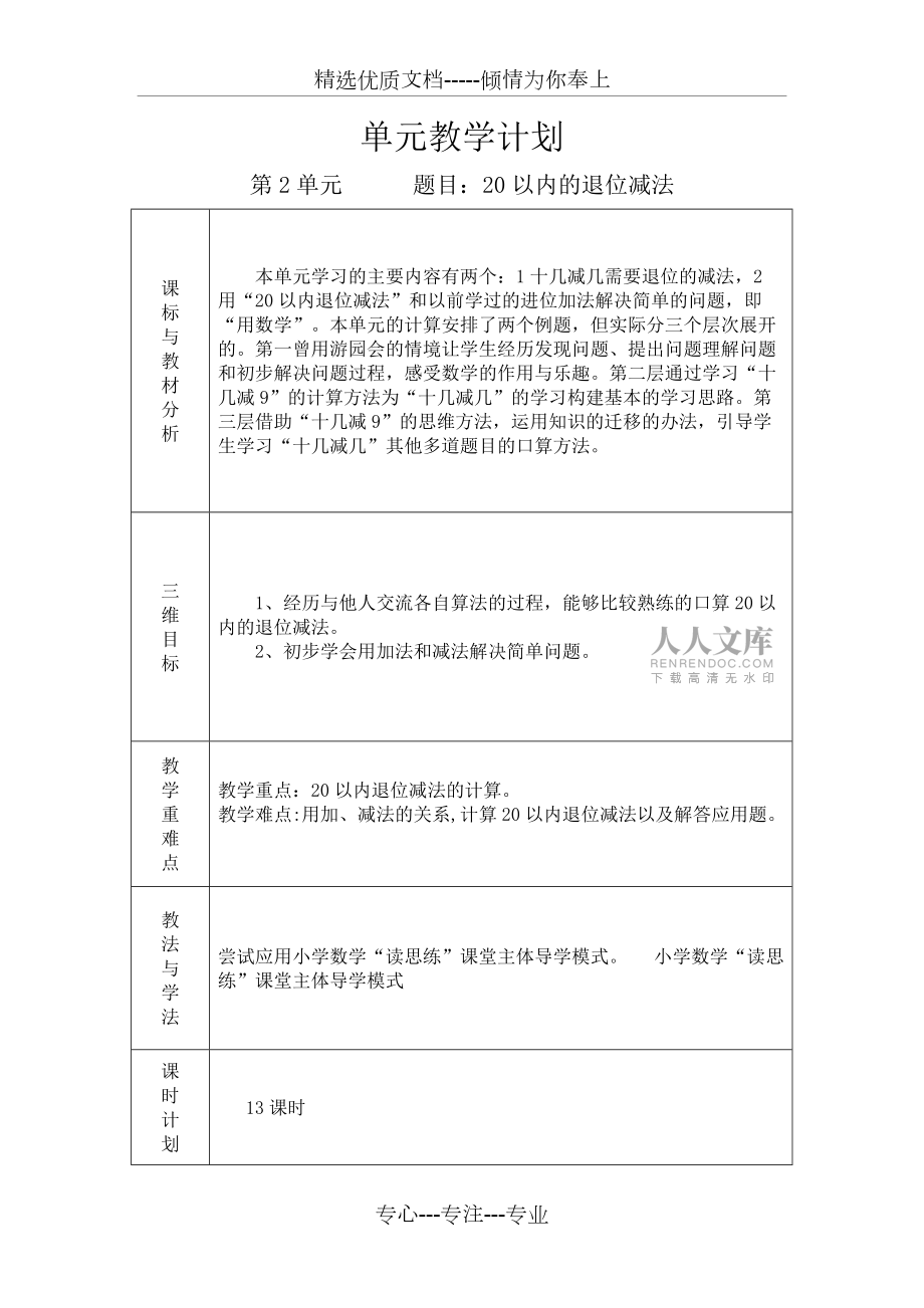 人版一年级数学(下册)单元教学计划_第2页