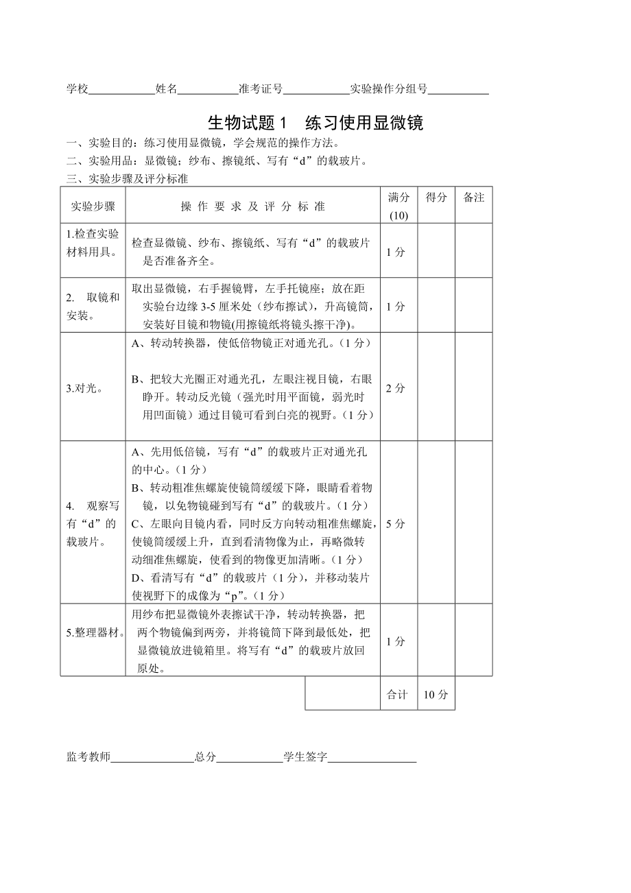 初中生物毕业实验会考试题及评分标准_第1页