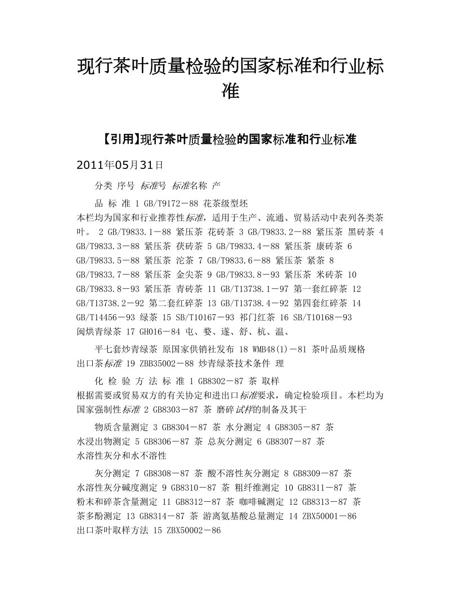 現(xiàn)行茶葉質(zhì)量檢驗的國家標(biāo)準(zhǔn)和行業(yè)標(biāo)準(zhǔn)_第1頁