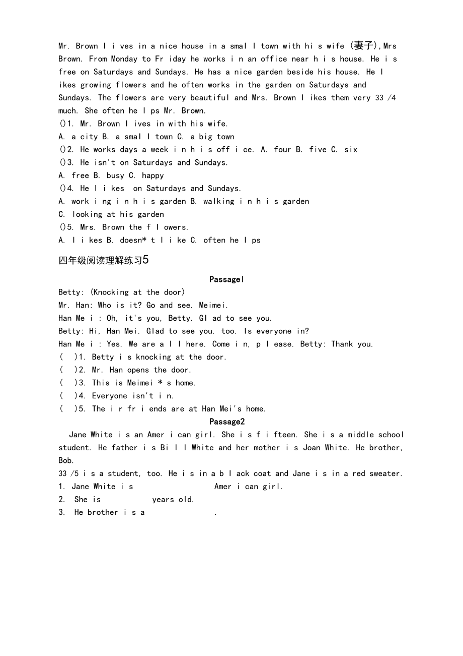 小学英语四年级阅读理解练习题含答案_第5页