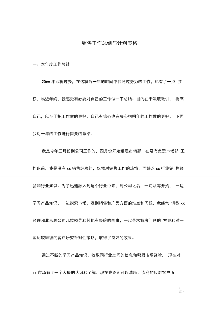 销售工作总结与计划表格_第1页