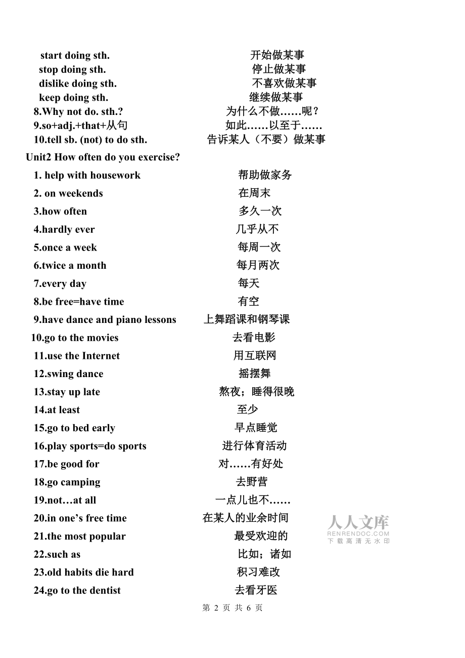 2013人教版新目标英语八年上册Unit1-6短语句型归纳_第2页