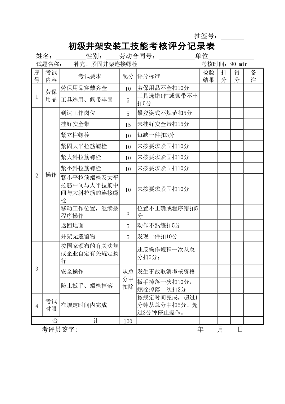 石油行业技能鉴定井架安装工技能考核评分记录表_第5页