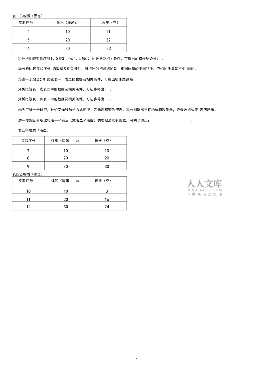 2019年上海各区中考物理一模试题分类汇编——数据表格((word版含答案)_第2页
