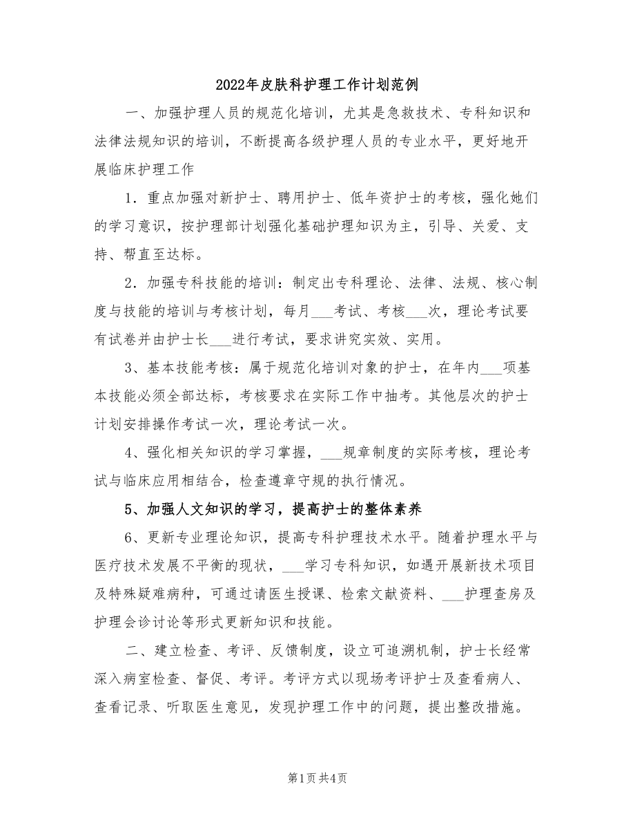 2022年皮膚科護理工作計劃范例_第1頁