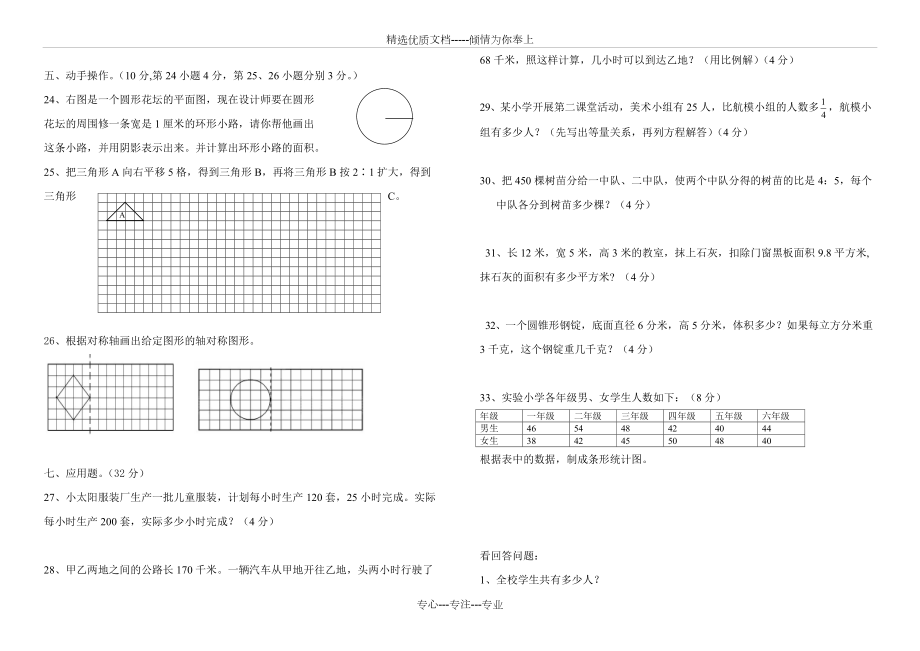 新課標人教版六年級數學下冊期末試卷(15套)_第2頁