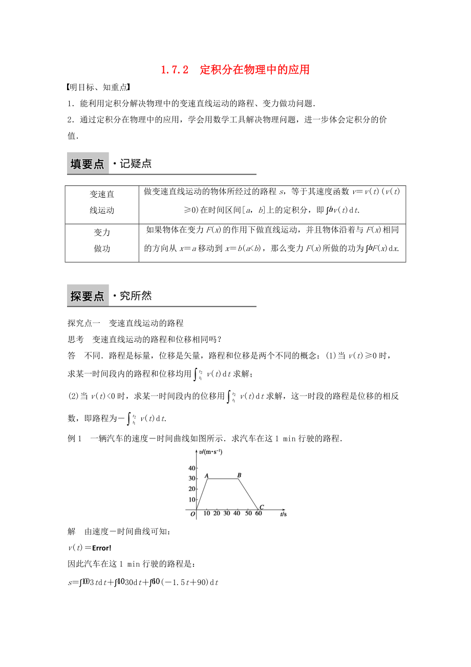 高中數(shù)學導數(shù)及其應(yīng)用 172 定積分在物理中的應(yīng)用課時作業(yè) 新人教版選修22_第1頁
