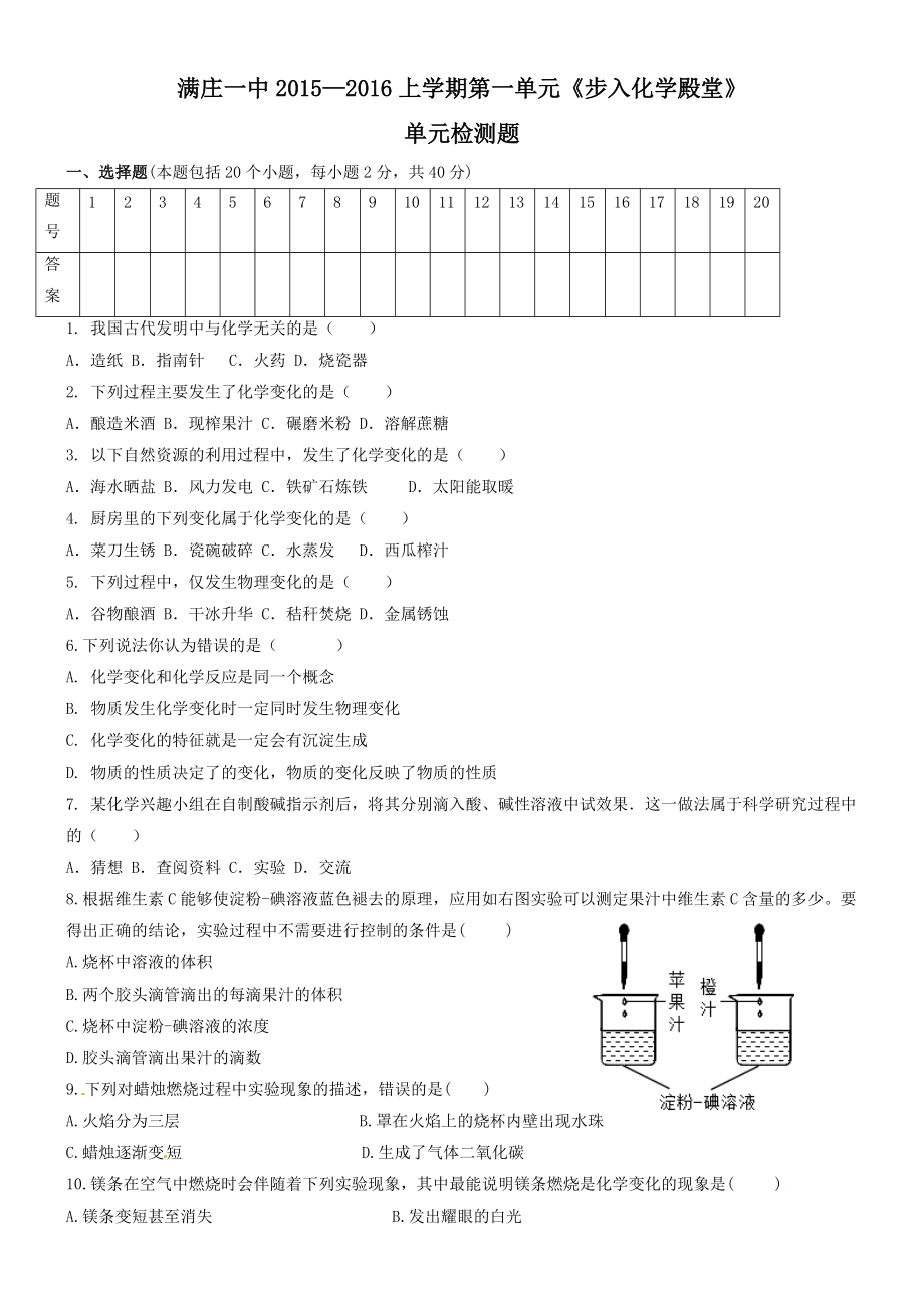 魯教版九年級化學步入化學殿堂單元檢測題_第1頁