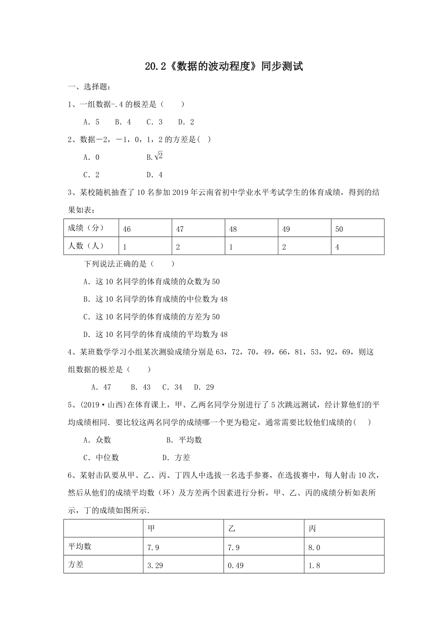 人教版八年级数学下册 202数据的波动程度同步测试无答案_第1页