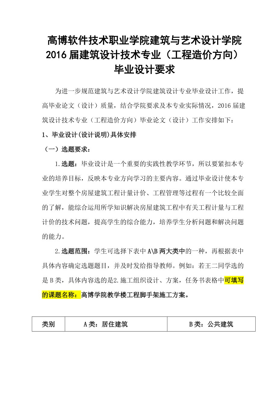 建筑設計專業工程造價方向畢業設計具體內容及安排_第1頁