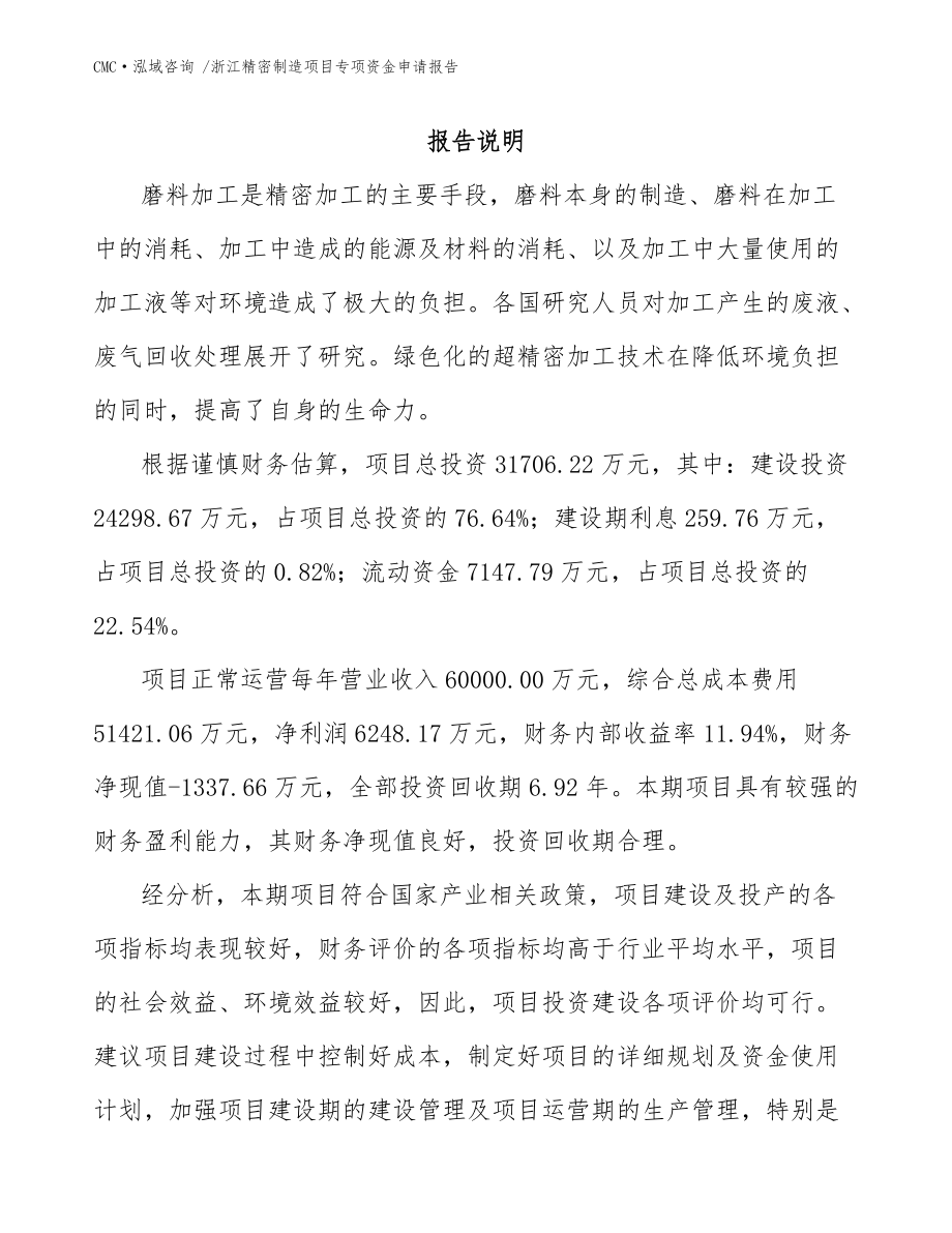 浙江精密制造项目专项资金申请报告_模板_第1页