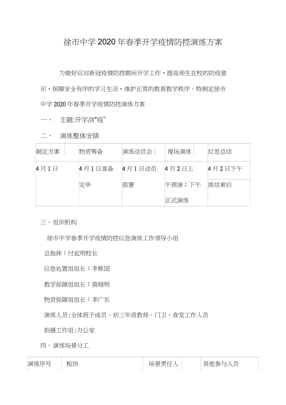 (修订版)徐市中学2020年春季开学防控演练方案(1)_第1页