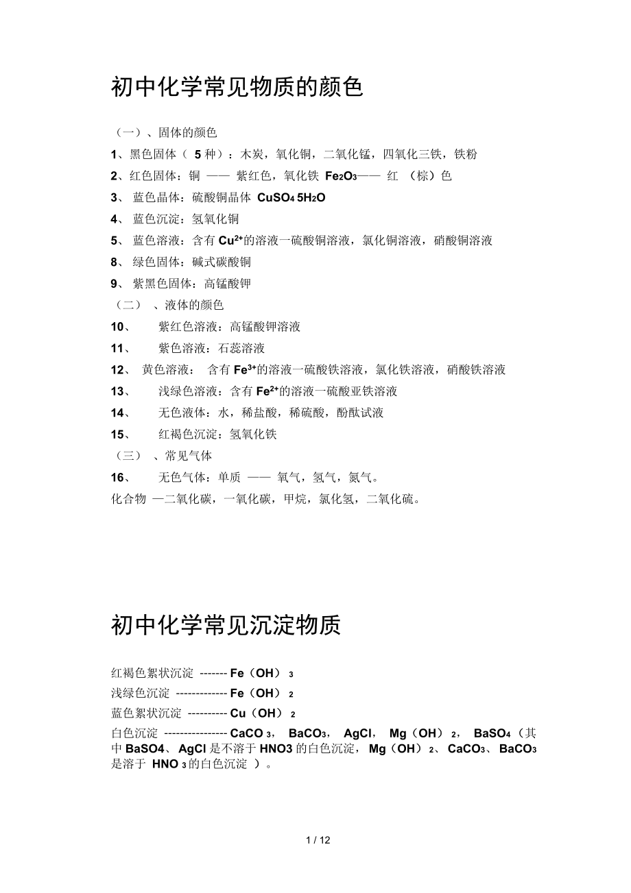 初中化学常见物质颜色和沉淀_第1页