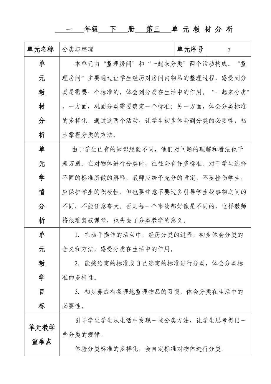 人教版数学一年级下册分类与整理教案_第1页